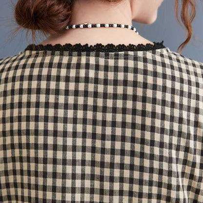 Buddha Stones Fall Plaid Pattern Ruffled Crew Neck Design Cotton Long Sleeve Midi Dress With Pockets