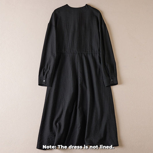 Buddha Stones Pure Color Notched Collar Drawstring Cotton Long Sleeve Midi Dress With Pockets