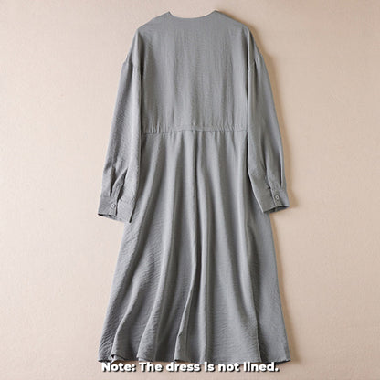 Buddha Stones Pure Color Notched Collar Drawstring Cotton Long Sleeve Midi Dress With Pockets