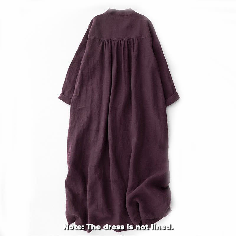 Buddha Stones Fall DarkMagenta V-Neck Buttons Design Cotton Long Sleeve Midi Dress