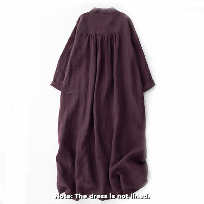 Buddha Stones Fall DarkMagenta V-Neck Buttons Design Cotton Long Sleeve Midi Dress
