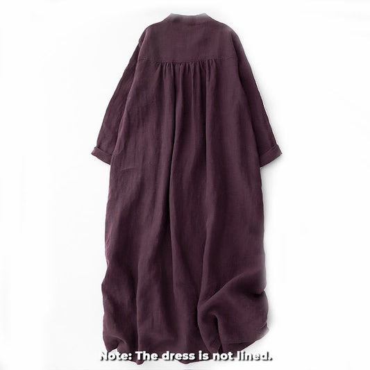 Buddha Stones Fall DarkMagenta V-Neck Buttons Design Cotton Long Sleeve Midi Dress