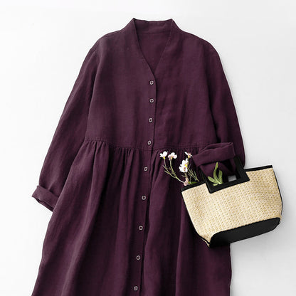 Buddha Stones Fall DarkMagenta V-Neck Buttons Design Cotton Long Sleeve Midi Dress