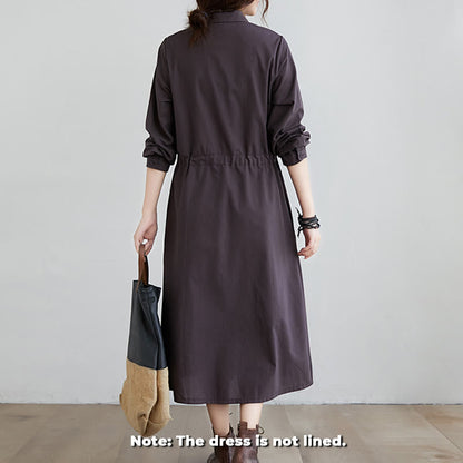 Buddha Stones Fall Solid Color Lace-Up Design Lapel Long Sleeve Cotton Midi Dress With Pockets
