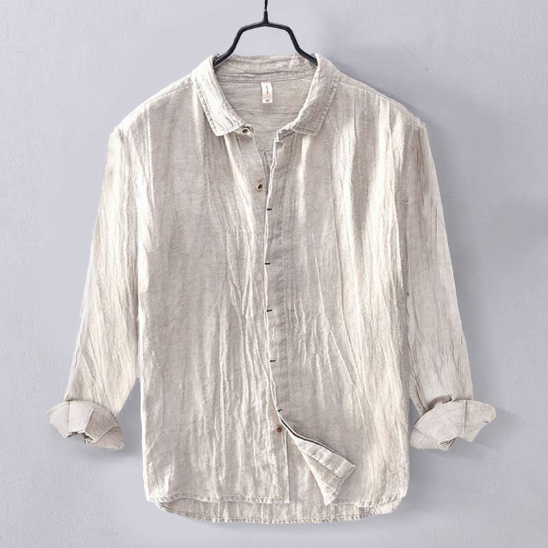 Buddha Stones Men's Shirt Solid Color Lapel Top Long Sleeve Comfy Button Crease Cotton Linen Shirt