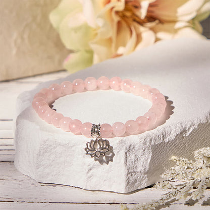 Buddha Stones 925 Sterling Silver Lotus Design Natural Pink Crystal Soothing Bracelet