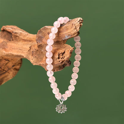 Buddha Stones 925 Sterling Silver Lotus Design Natural Pink Crystal Soothing Bracelet