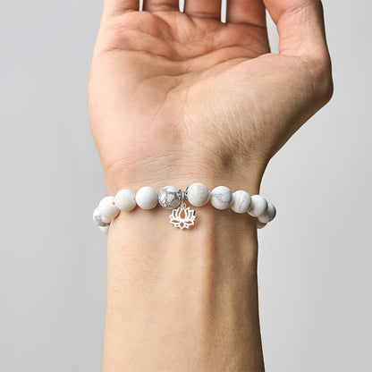 Buddha Stones 925 Sterling Silver Lotus Design Natural White Turquoise Wealth Bracelet