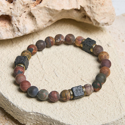 Buddha Stones Natural Picasso Jasper Square Lava Rock Positive Bracelet