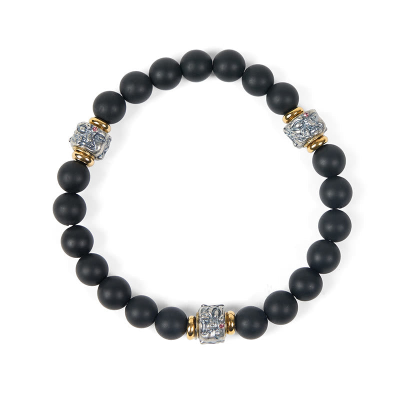 Buddha Stones Natural Frosted Black Onyx Buddha Face Protection Bracelet