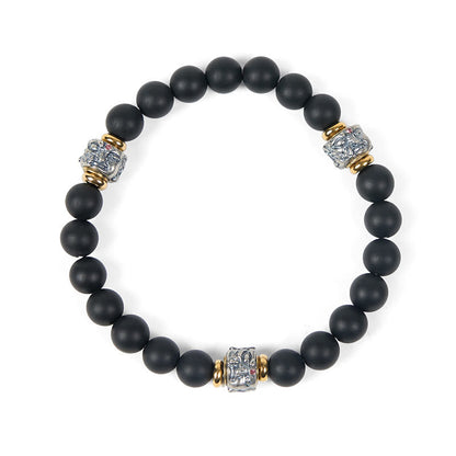 Buddha Stones Natural Frosted Black Onyx Buddha Face Protection Bracelet