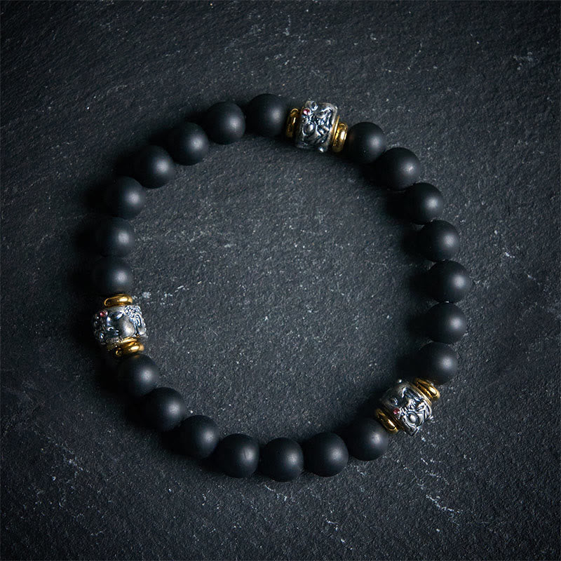 Buddha Stones Natural Frosted Black Onyx Buddha Face Protection Bracelet