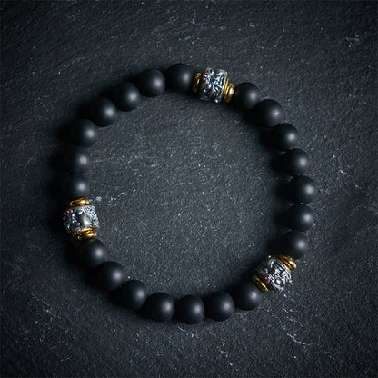 Buddha Stones Natural Frosted Black Onyx Buddha Face Protection Bracelet