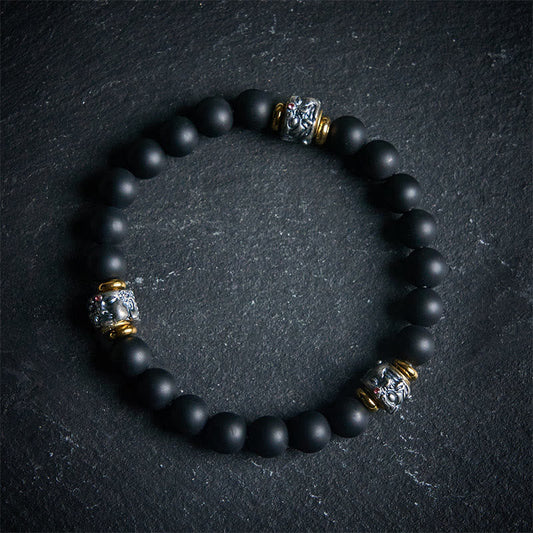 Buddha Stones Natural Frosted Black Onyx Buddha Face Protection Bracelet