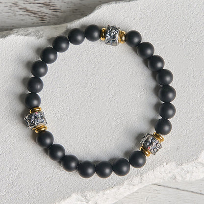 Buddha Stones Natural Frosted Black Onyx Buddha Face Protection Bracelet