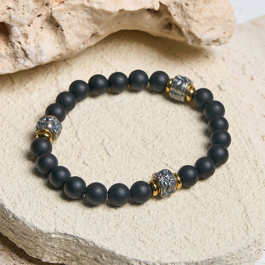 Buddha Stones Natural Frosted Black Onyx Buddha Face Protection Bracelet