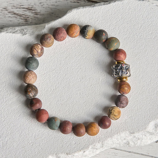 Buddha Stones Natural Picasso Jasper Buddha Face Energy Bracelet