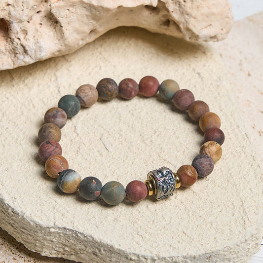 Buddha Stones Natural Picasso Jasper Buddha Face Energy Bracelet