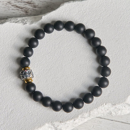 Buddha Stones Natural Frosted Black Onyx Buddha Face Support Bracelet