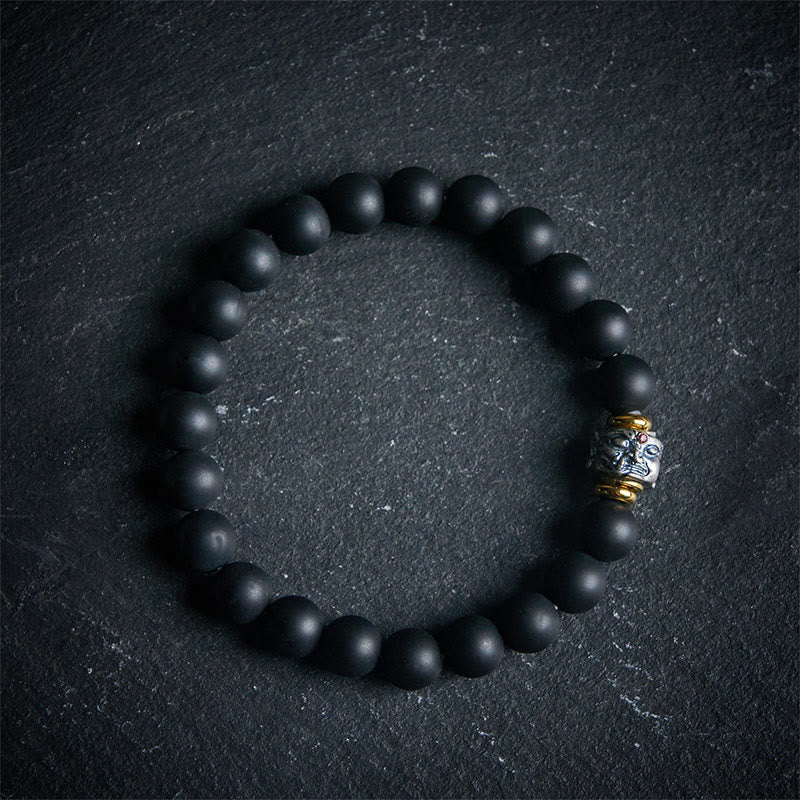 Buddha Stones Natural Frosted Black Onyx Buddha Face Support Bracelet