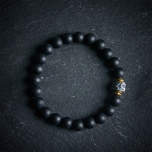 Buddha Stones Natural Frosted Black Onyx Buddha Face Support Bracelet