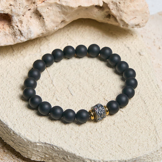 Buddha Stones Natural Frosted Black Onyx Buddha Face Support Bracelet
