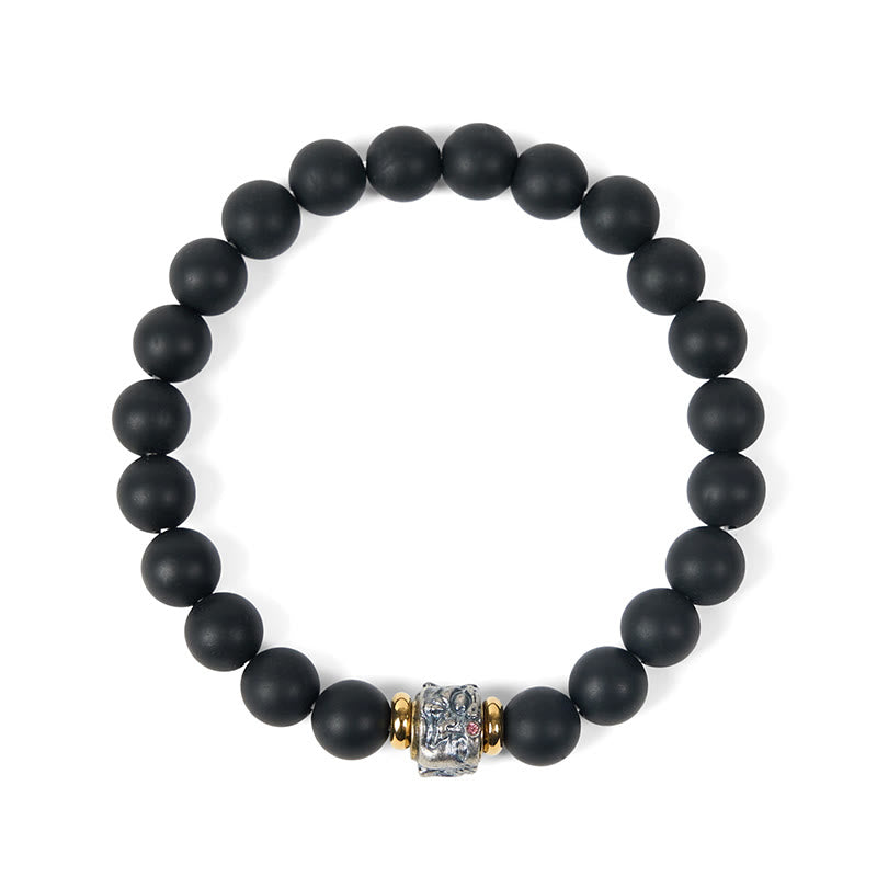 Buddha Stones Natural Frosted Black Onyx Buddha Face Support Bracelet