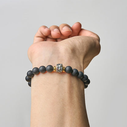 Buddha Stones Natural Frosted Black Onyx Buddha Face Support Bracelet