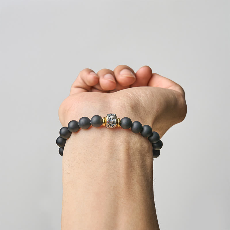 Buddha Stones Natural Frosted Black Onyx Buddha Face Support Bracelet
