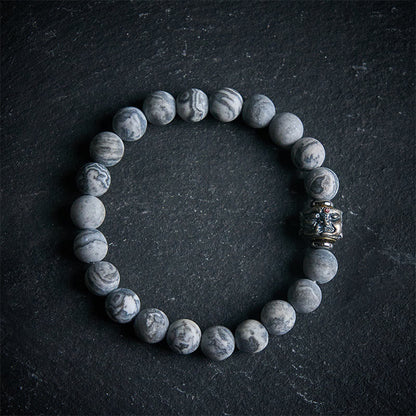 Buddha Stones Natural Frosted Grey Jasper Buddha Face Healing Protection Bracelet