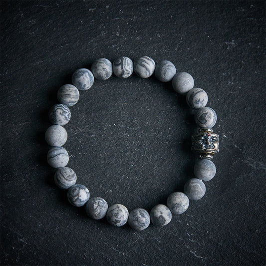 Buddha Stones Natural Frosted Grey Jasper Buddha Face Healing Protection Bracelet