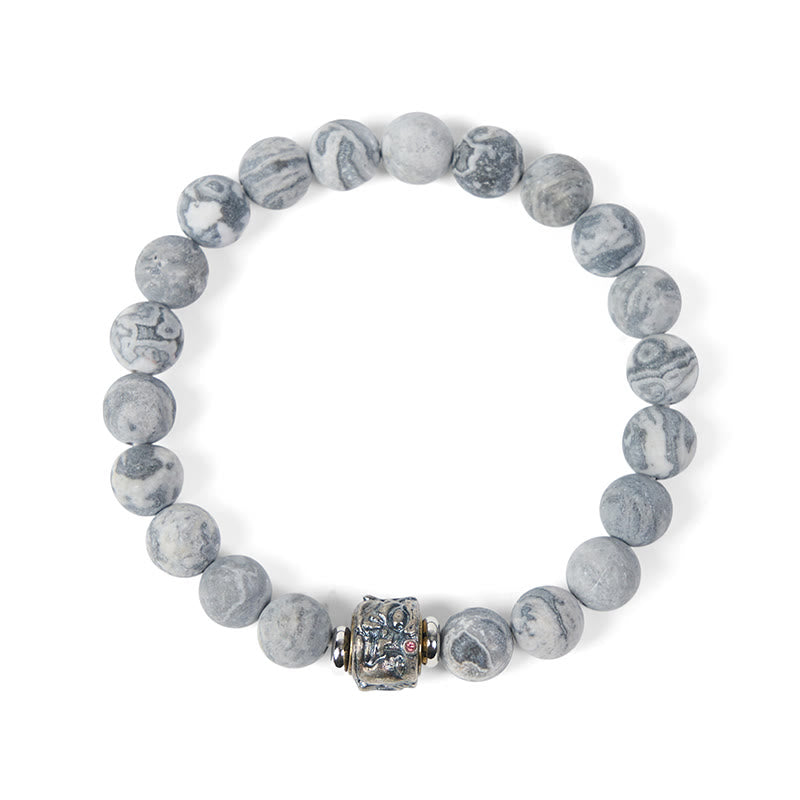 Buddha Stones Natural Frosted Grey Jasper Buddha Face Healing Protection Bracelet