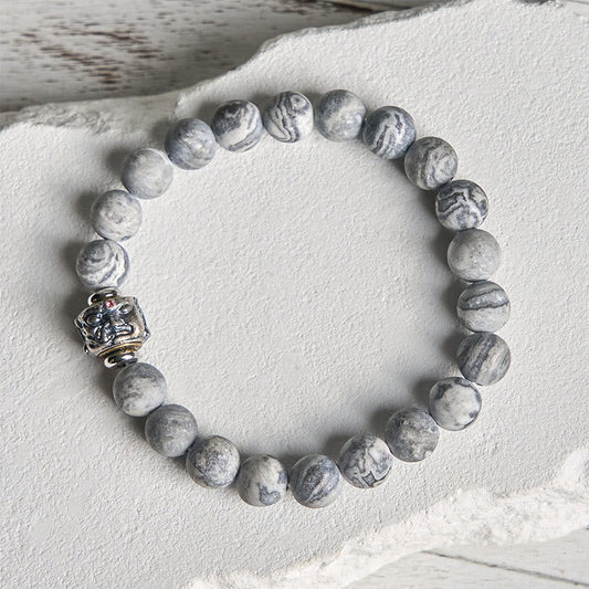 Buddha Stones Natural Frosted Grey Jasper Buddha Face Healing Protection Bracelet