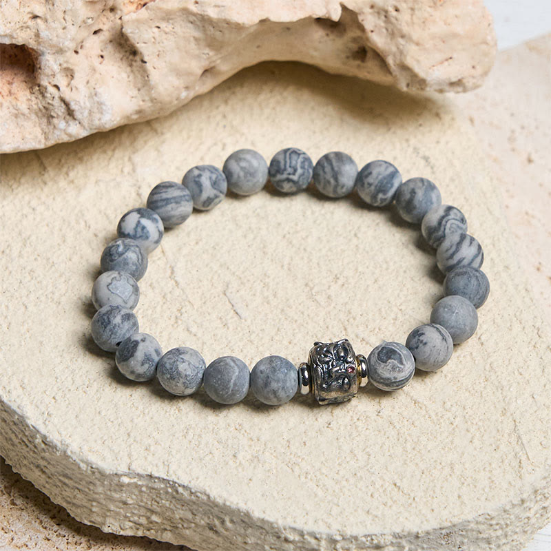 Buddha Stones Natural Frosted Grey Jasper Buddha Face Healing Protection Bracelet