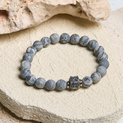 Buddha Stones Natural Frosted Grey Jasper Buddha Face Healing Protection Bracelet