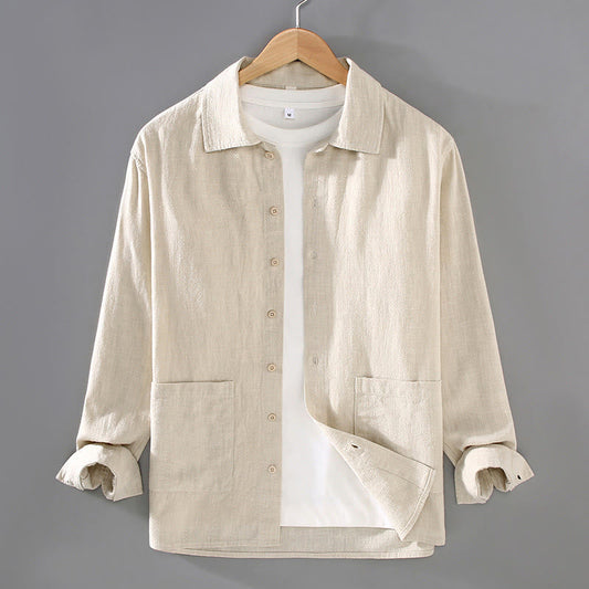 Buddha Stones Solid Color Long Sleeve Buttons Shirt Men Ramie Cotton Clothing With Pockets