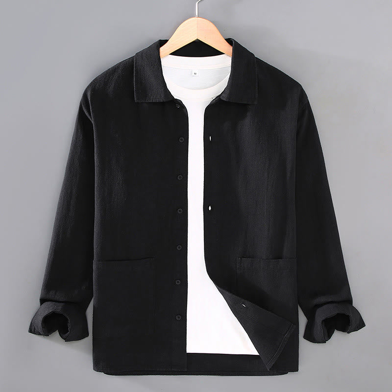 Buddha Stones Solid Color Long Sleeve Buttons Shirt Men Ramie Cotton Clothing With Pockets