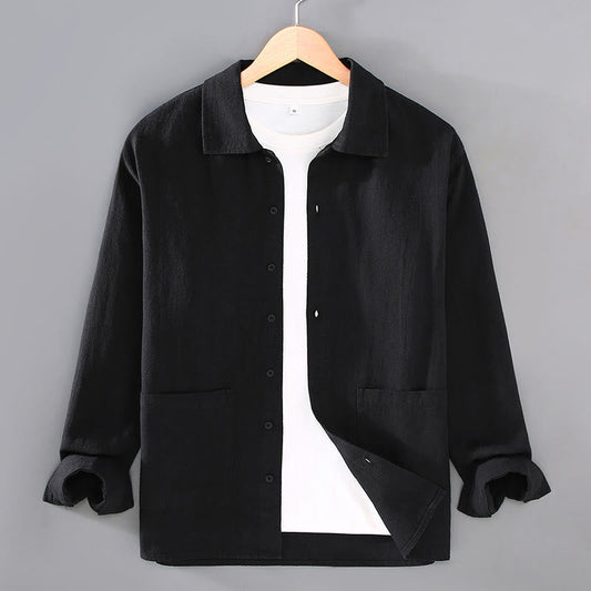 Buddha Stones Solid Color Long Sleeve Buttons Shirt Men Ramie Cotton Clothing With Pockets