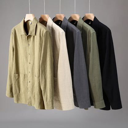 Buddha Stones Solid Color Long Sleeve Buttons Shirt Men Ramie Cotton Clothing With Pockets