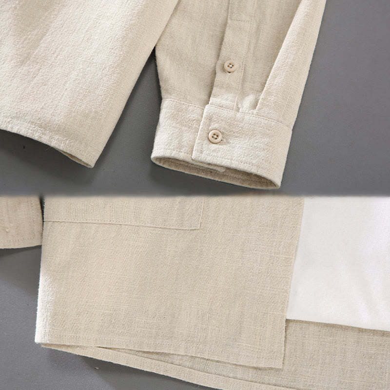 Buddha Stones Solid Color Long Sleeve Buttons Shirt Men Ramie Cotton Clothing With Pockets