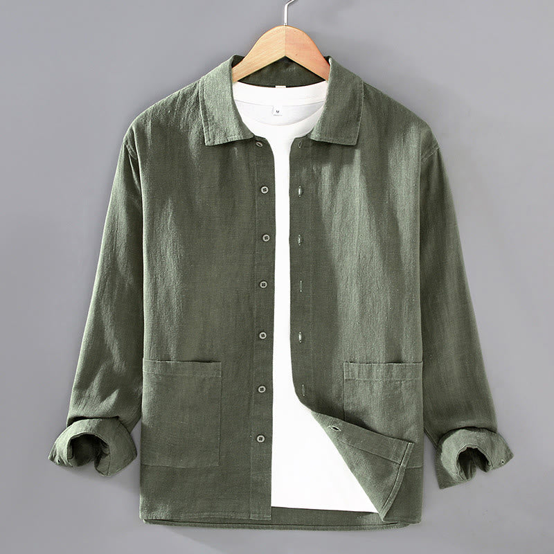 Buddha Stones Solid Color Long Sleeve Buttons Shirt Men Ramie Cotton Clothing With Pockets