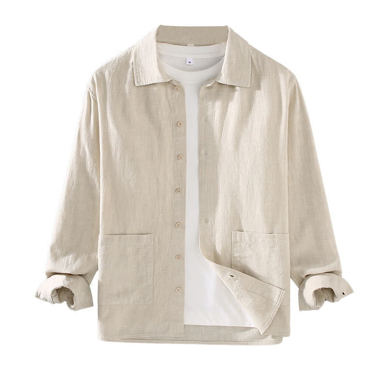 Buddha Stones Solid Color Long Sleeve Buttons Shirt Men Ramie Cotton Clothing With Pockets