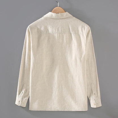 Buddha Stones Solid Color Long Sleeve Buttons Shirt Men Ramie Cotton Clothing With Pockets
