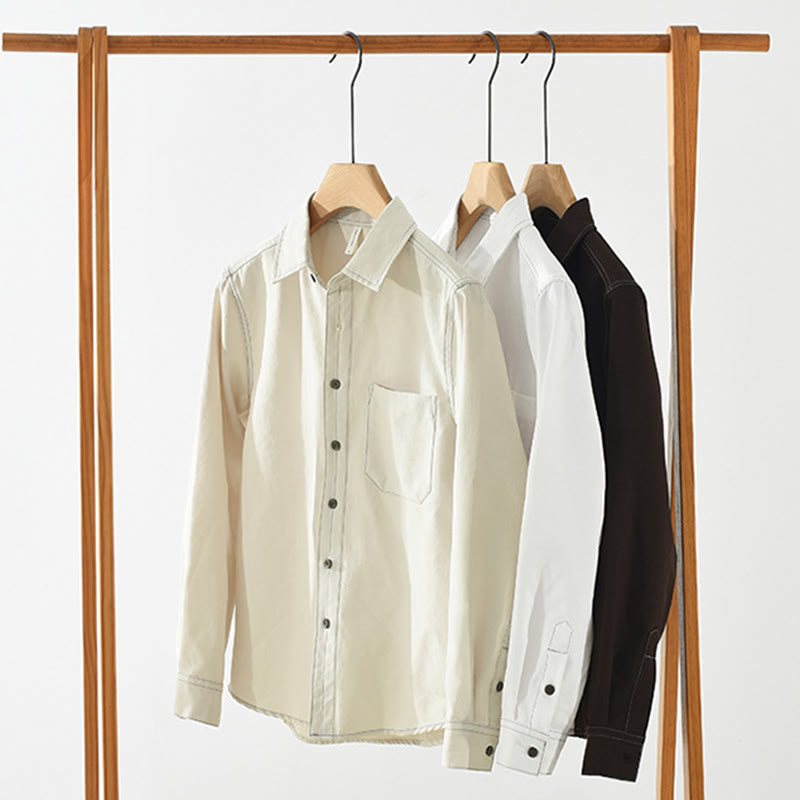 Buddha Stones Commute Buttons Long Sleeve Plain Shirt Men Clothing With Pocket