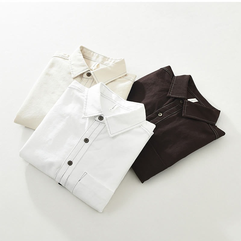 Buddha Stones Commute Buttons Long Sleeve Plain Shirt Men Clothing With Pocket