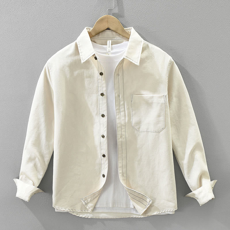 Buddha Stones Commute Buttons Long Sleeve Plain Shirt Men Clothing With Pocket