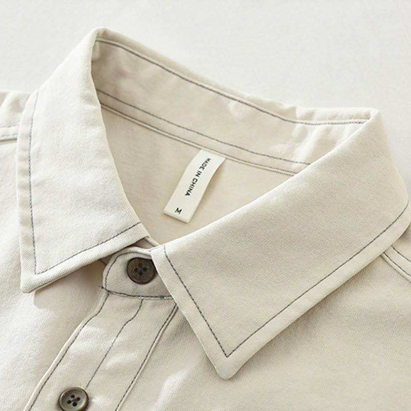 Buddha Stones Commute Buttons Long Sleeve Plain Shirt Men Clothing With Pocket
