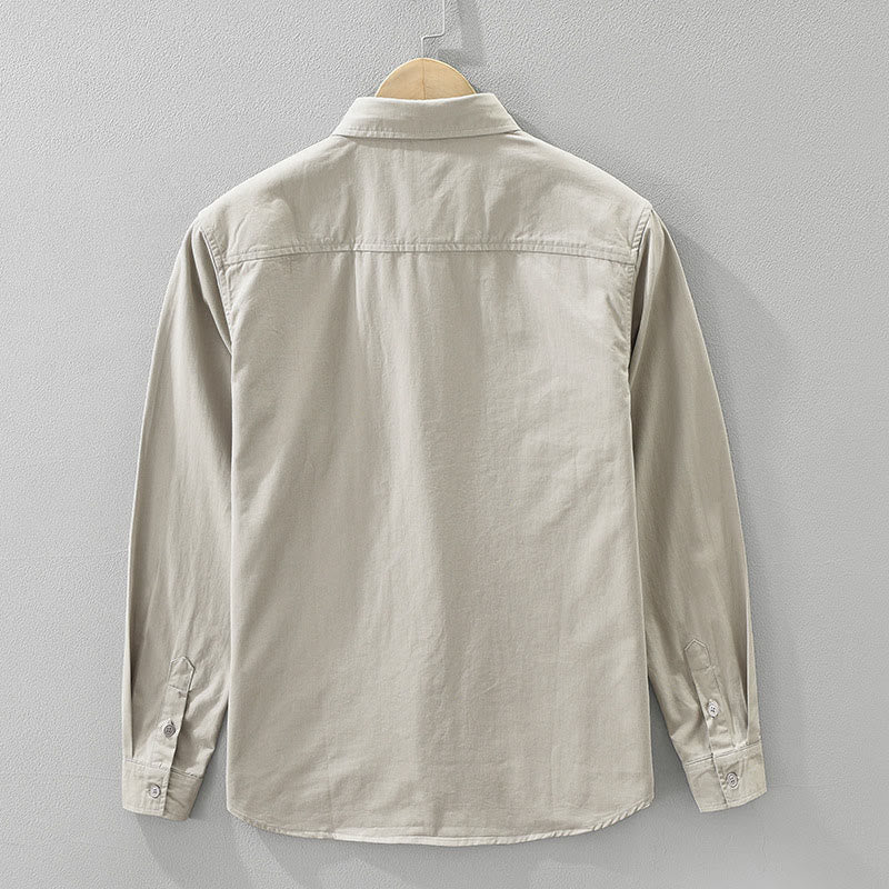 Buddha Stones Daily Plain Buttons Design Men's Long Sleeve Pure Cotton Shirt With Pockets
