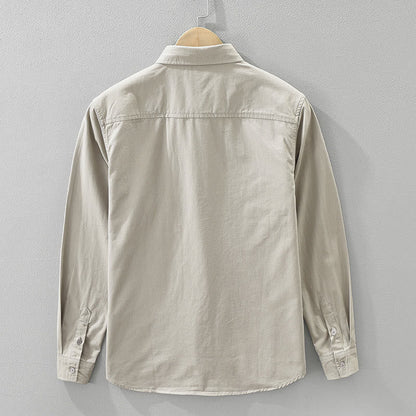 Buddha Stones Daily Plain Buttons Design Men's Long Sleeve Pure Cotton Shirt With Pockets