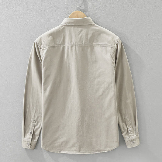 Buddha Stones Daily Plain Buttons Design Men's Long Sleeve Pure Cotton Shirt With Pockets